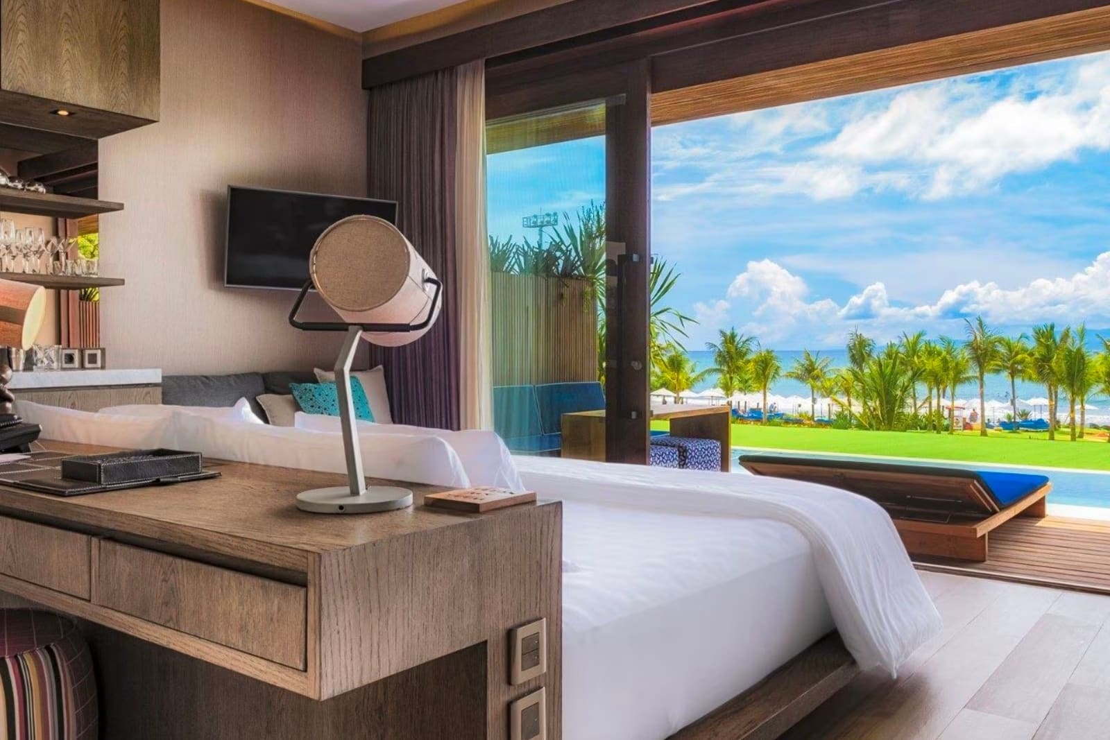 Bedroom views of seaside in Bali resort.